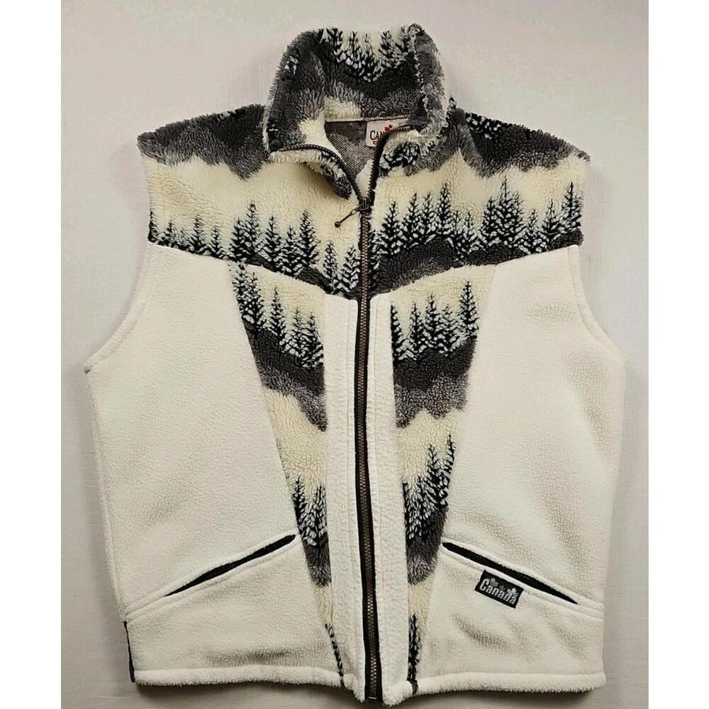 Vintage 90s  Canada Pine Tree Sherpa Sweater Fleece‎ Vest Size Medium Great Cond